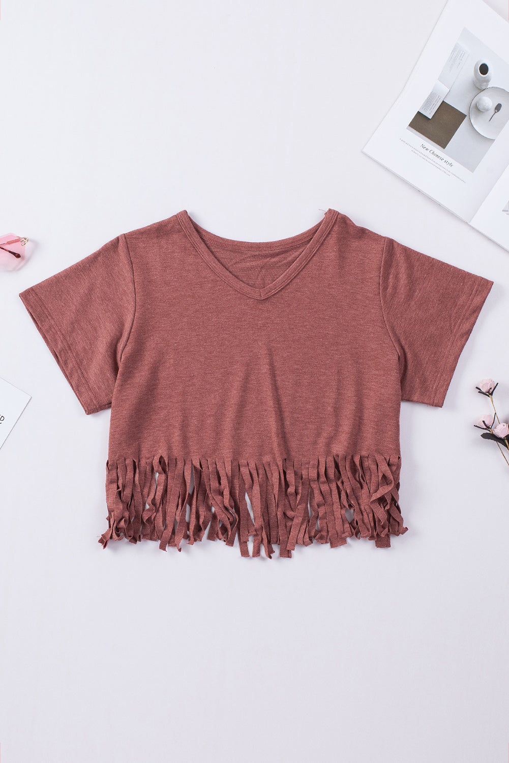 V-Neck Fringe Hem T-Shirt