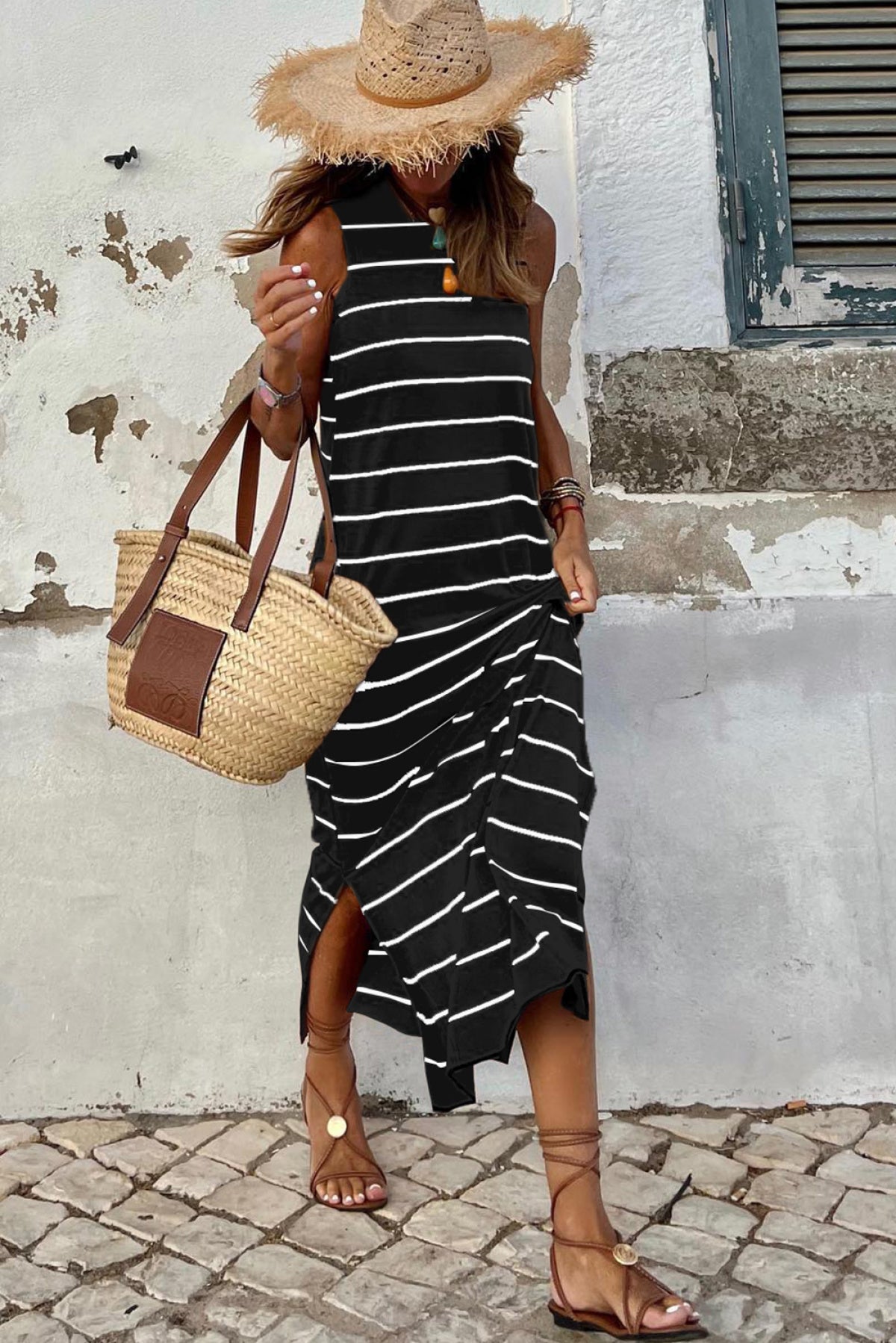 Stripe Print Open Back Sleeveless Maxi Dress With Slits