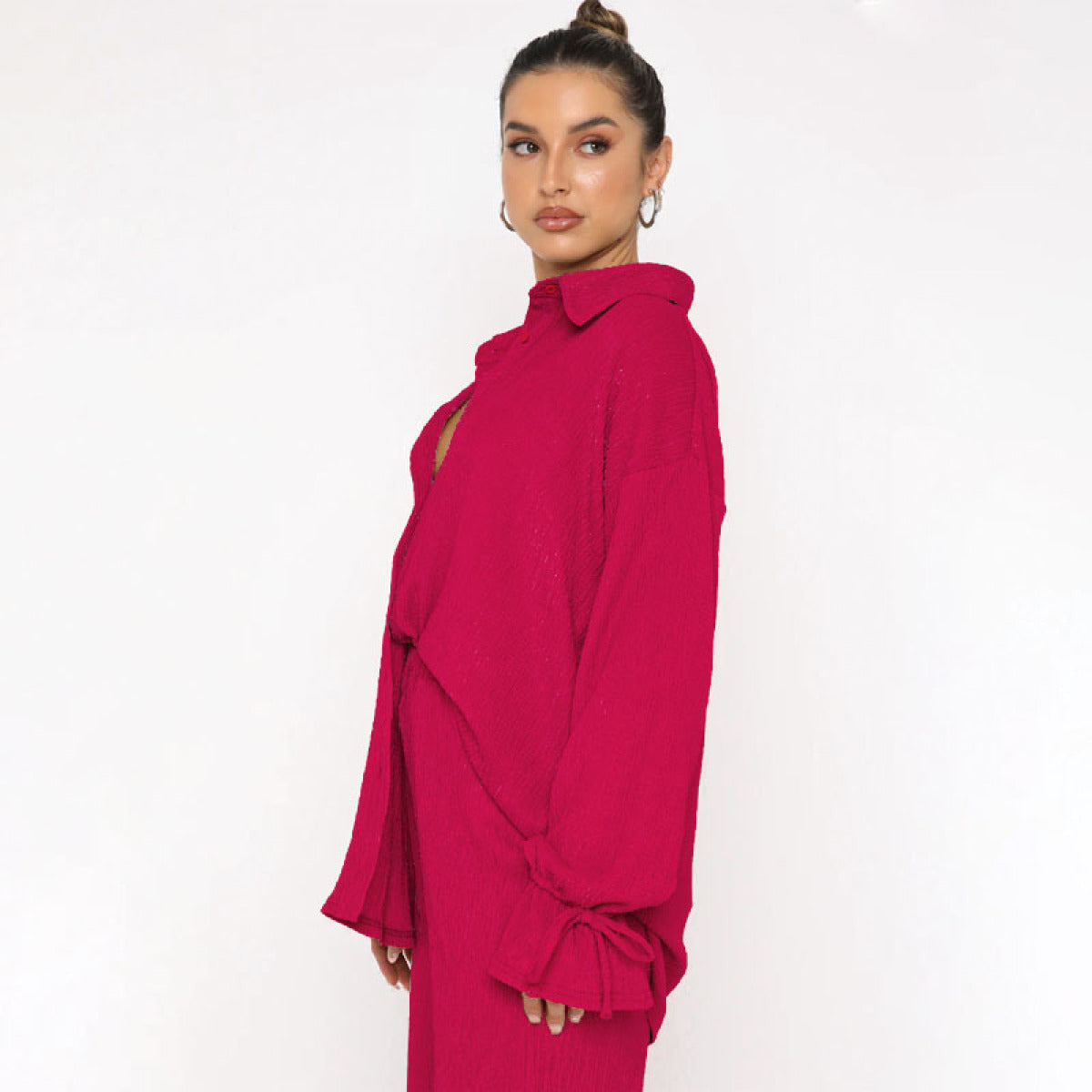 Single-Breasted Balloon Long-Sleeved Blouses & Slit Pants Sets