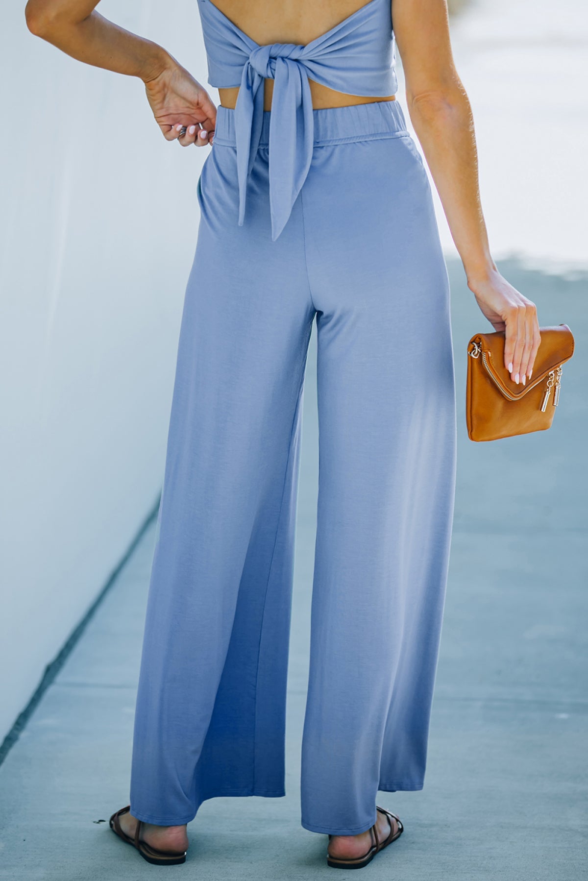 Sky Blue Knotted Backless Cami Top And Split High Waist Pants Set