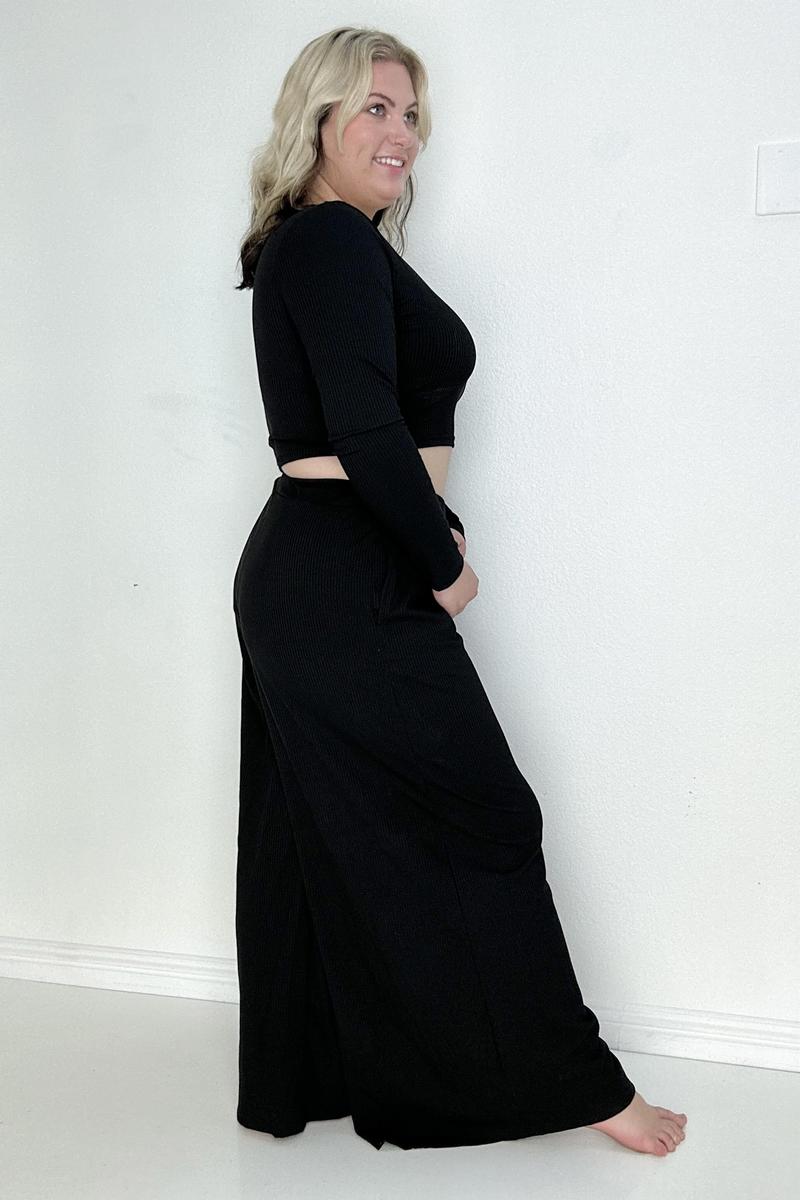 Black Ribbed Crop Top And Wide Leg Pants Set