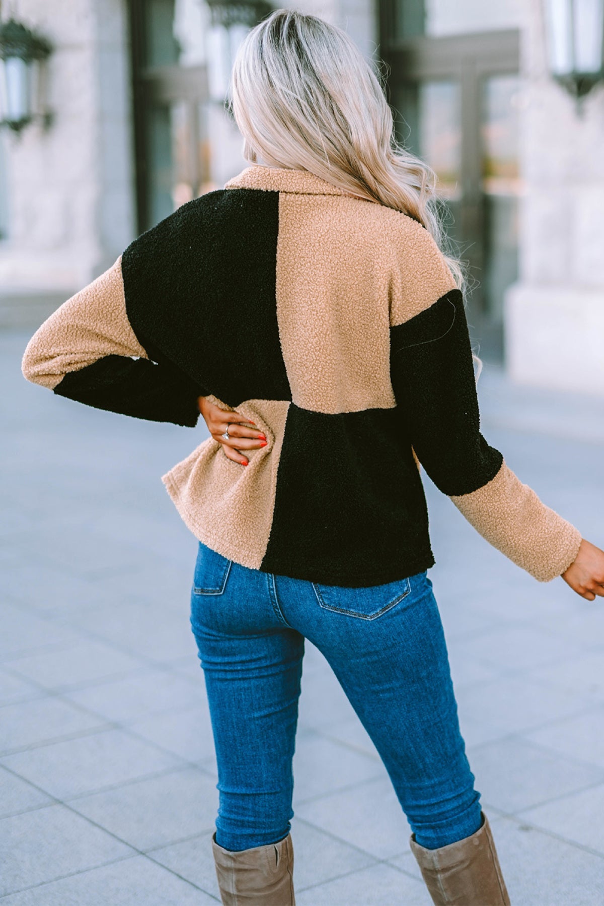 Colorblock Checkered Sherpa Jacket