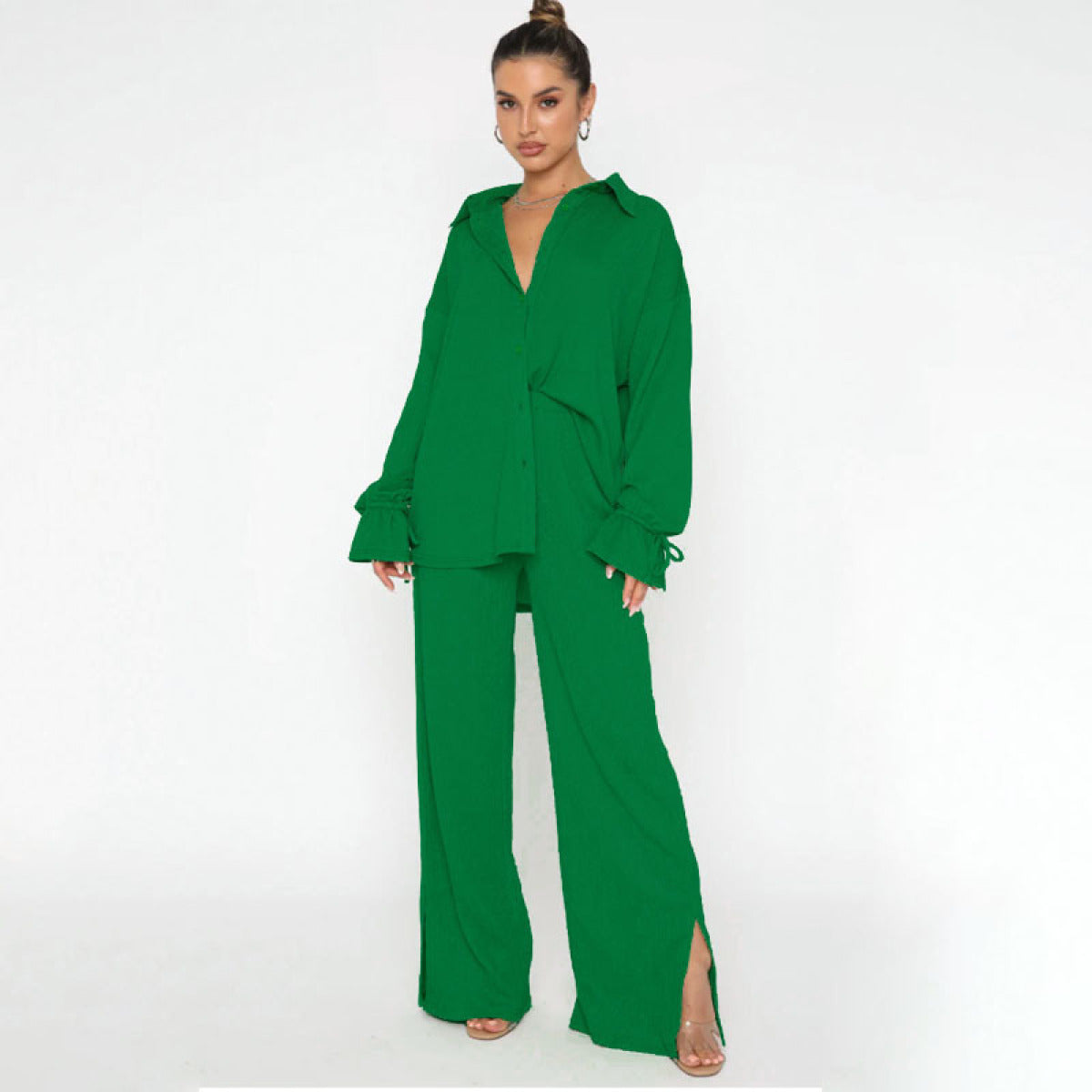 Single-Breasted Balloon Long-Sleeved Blouses & Slit Pants Sets