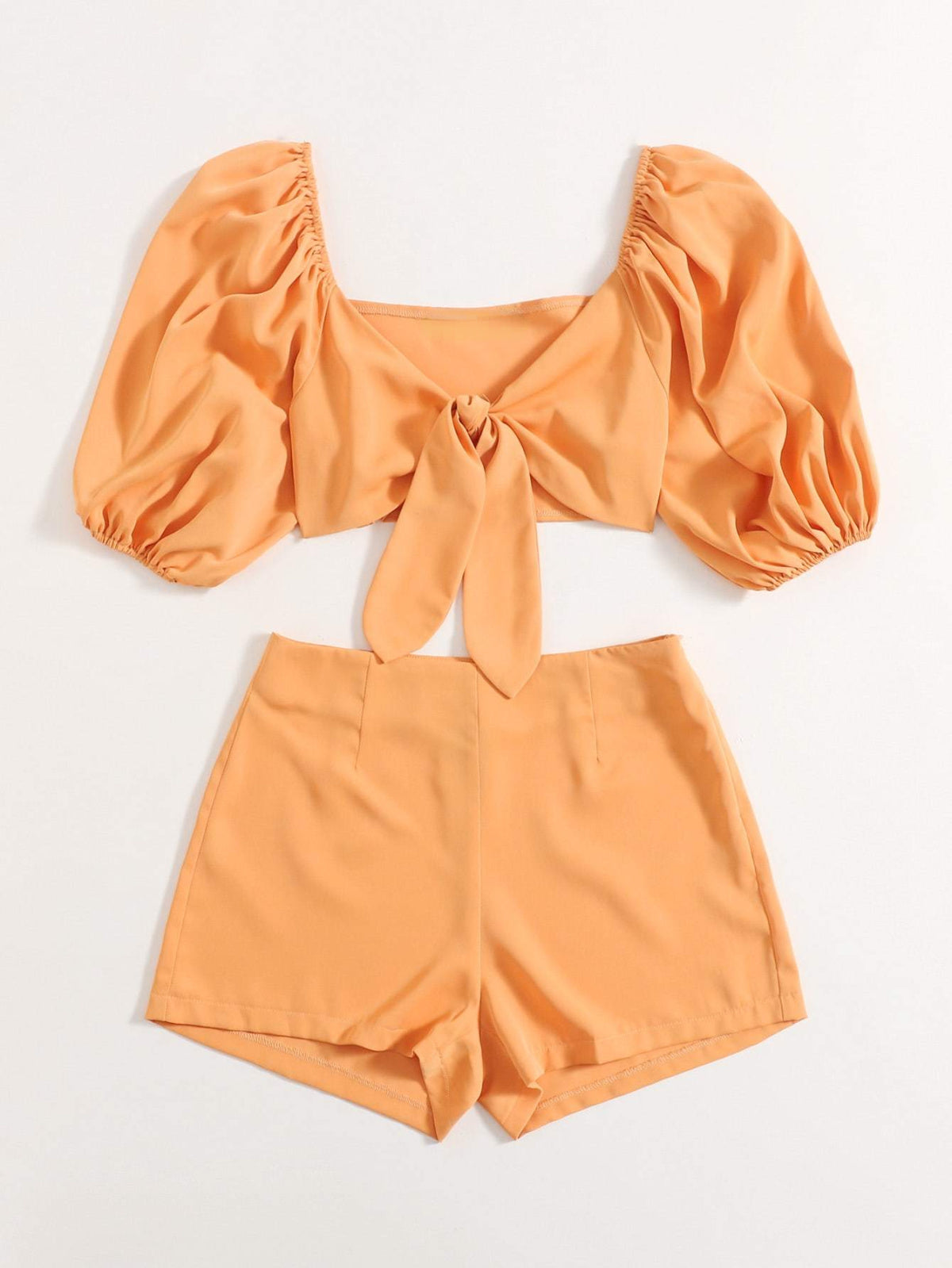 Solid Tie Front Crop Top & Shorts Set