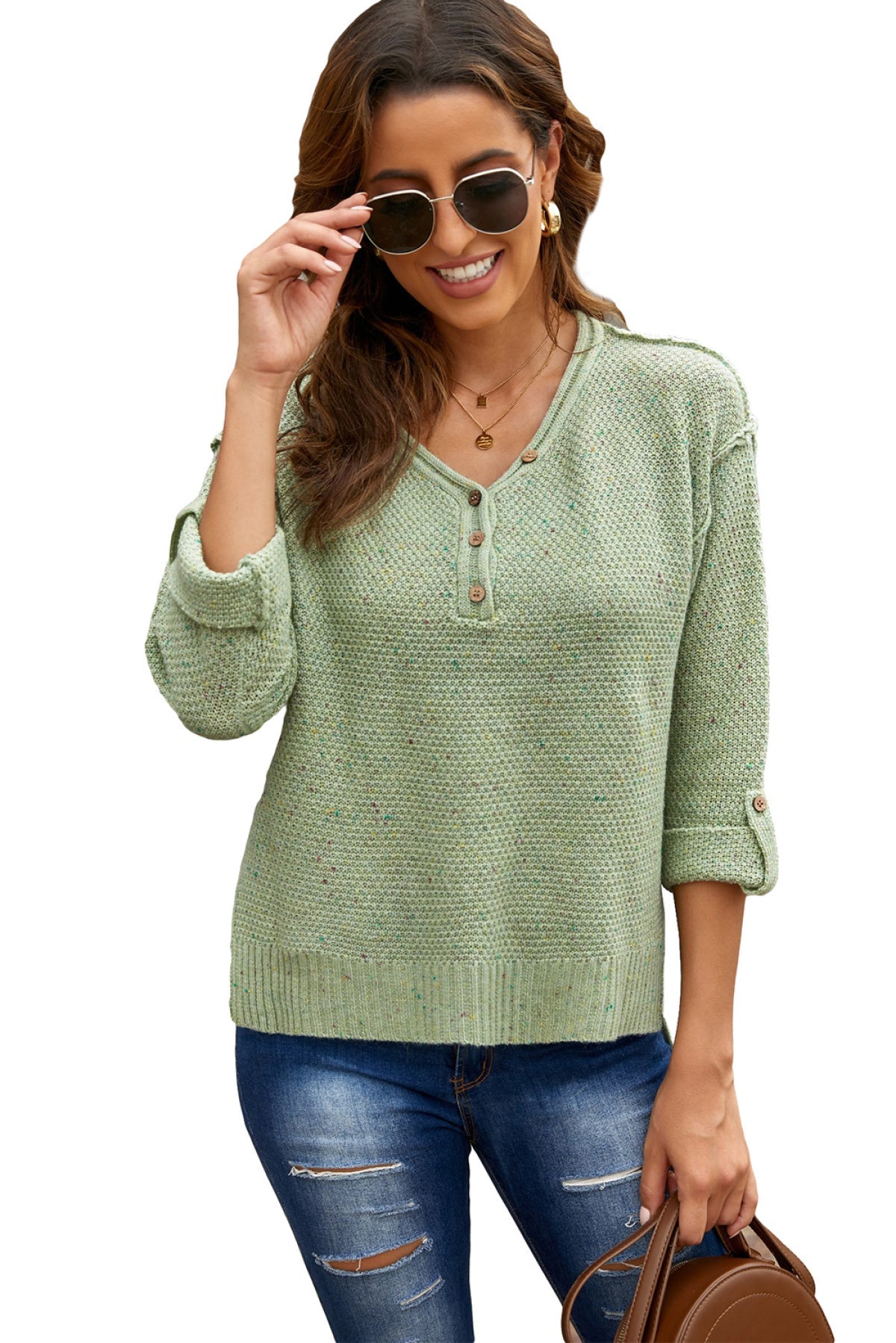 Buttoned Drop Shoulder Knitted Sweater