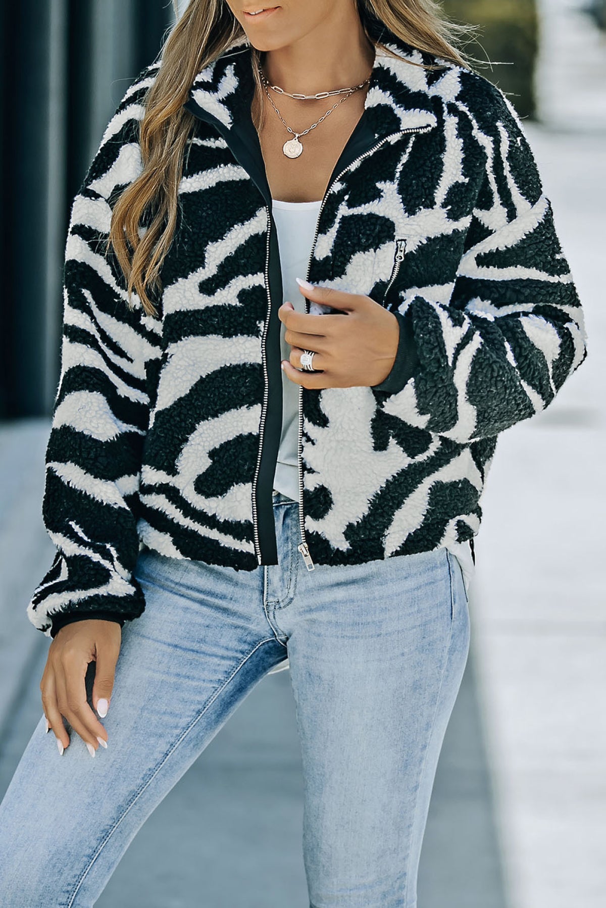 Black Zebra Teddy Zip-Up High Neck Jacket