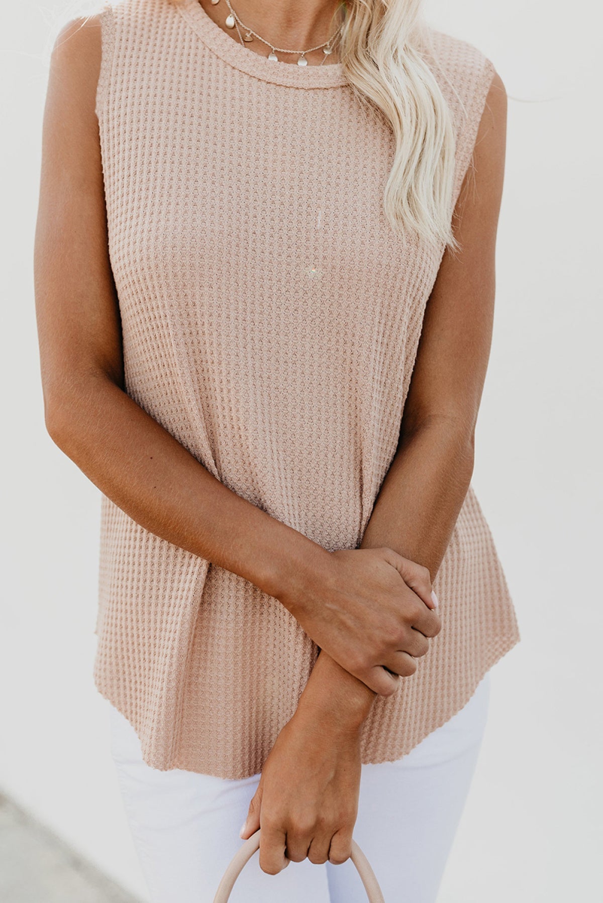 Apricot Crew Neck Waffle Tank Top