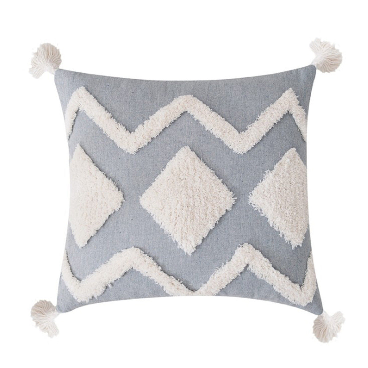 Geometric Embroidered Tufted Pom Poms Cushion Cover Without Filler