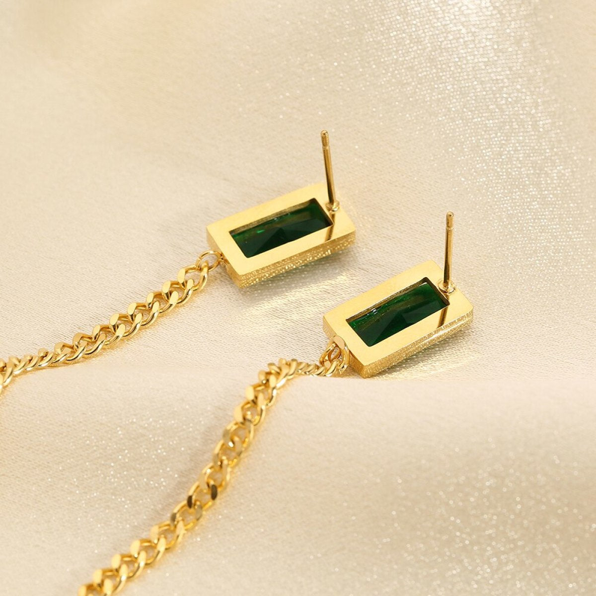 Double Side Emerald Rectangle CZ Stone Cuban Chain