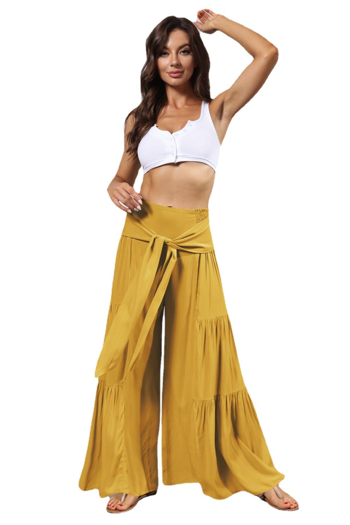 Solid Tie Waist Tiered Wide Flare Pants