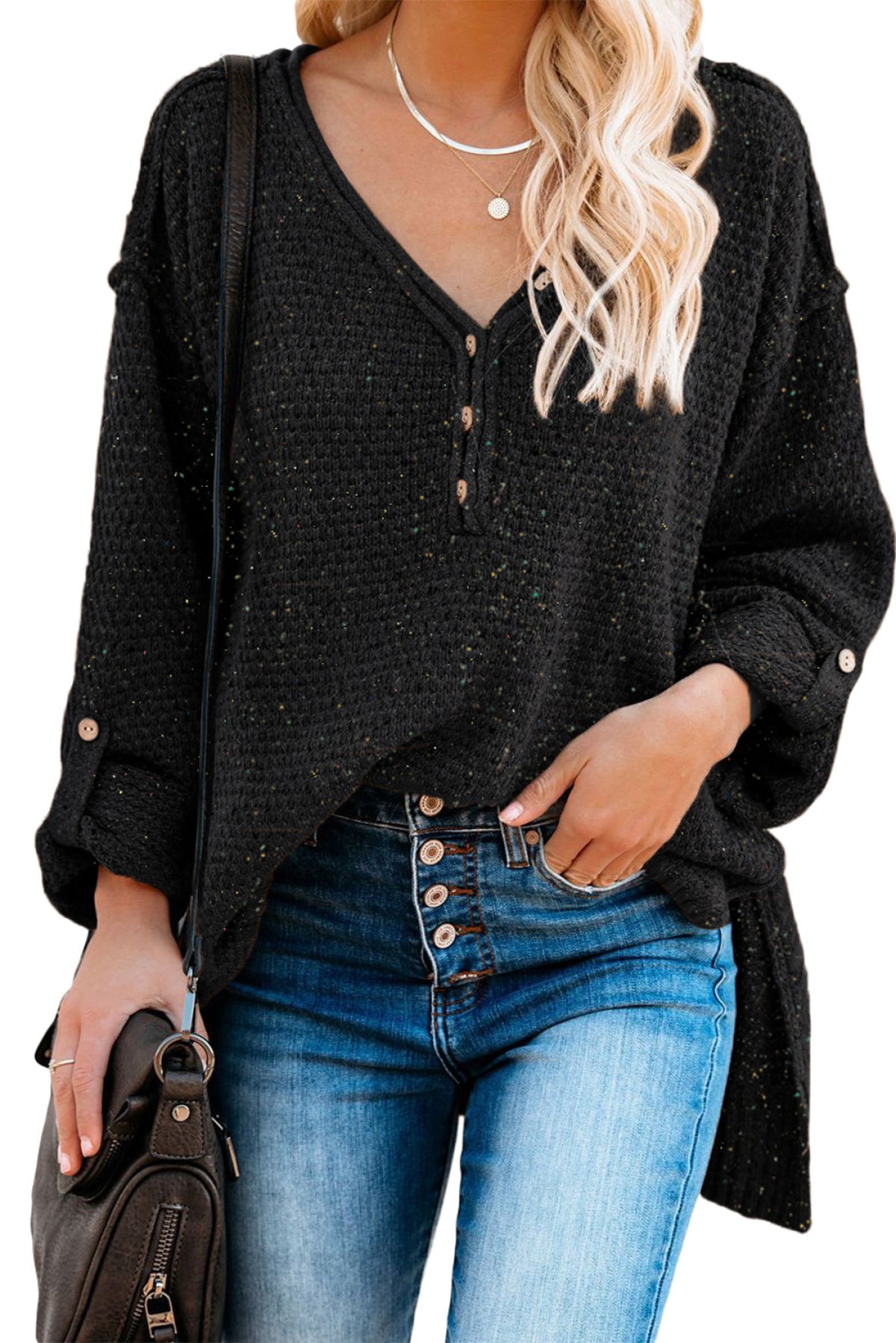 Buttoned Drop Shoulder Knitted Sweater