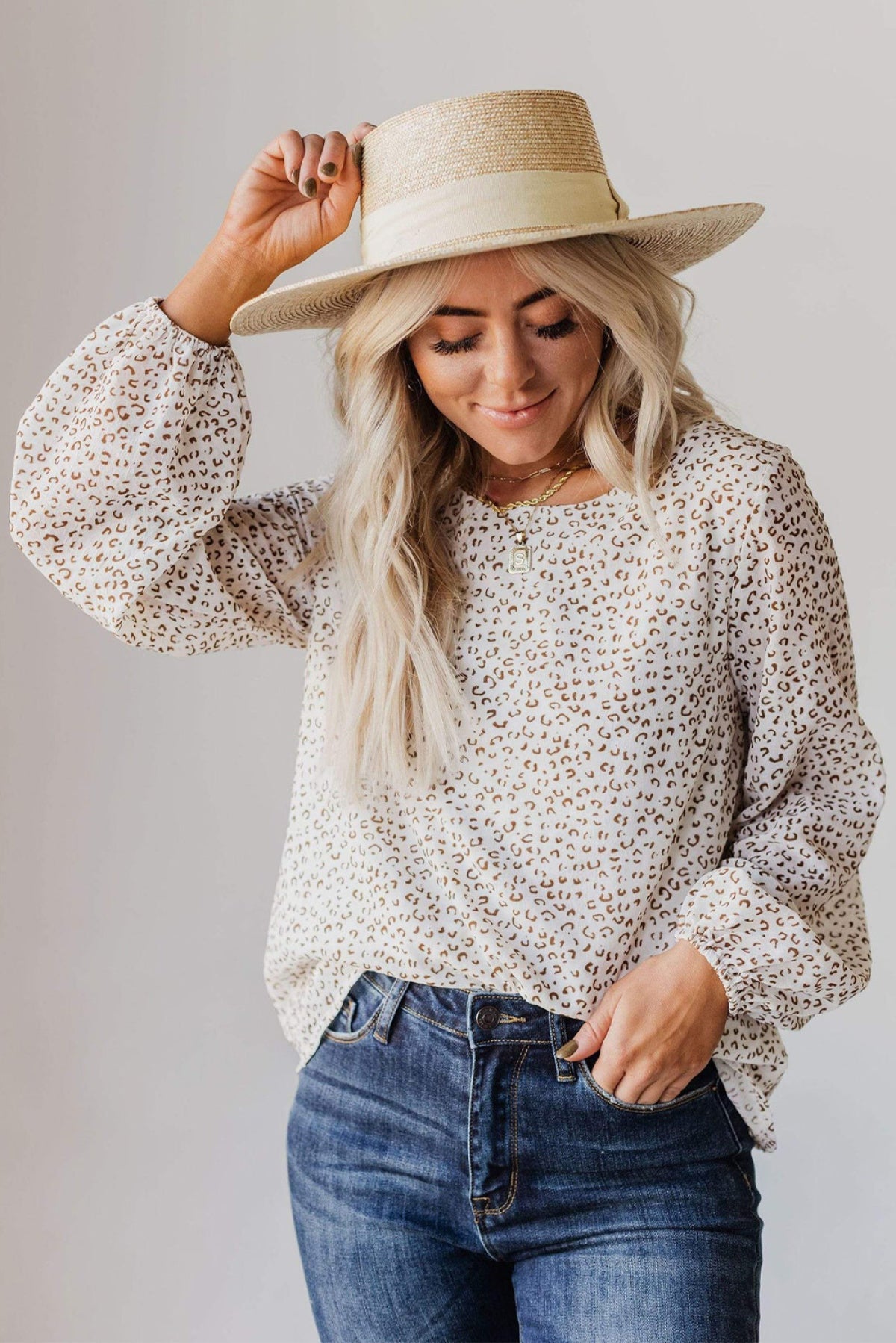 Leopard Round Neck Long Sleeve Blouse