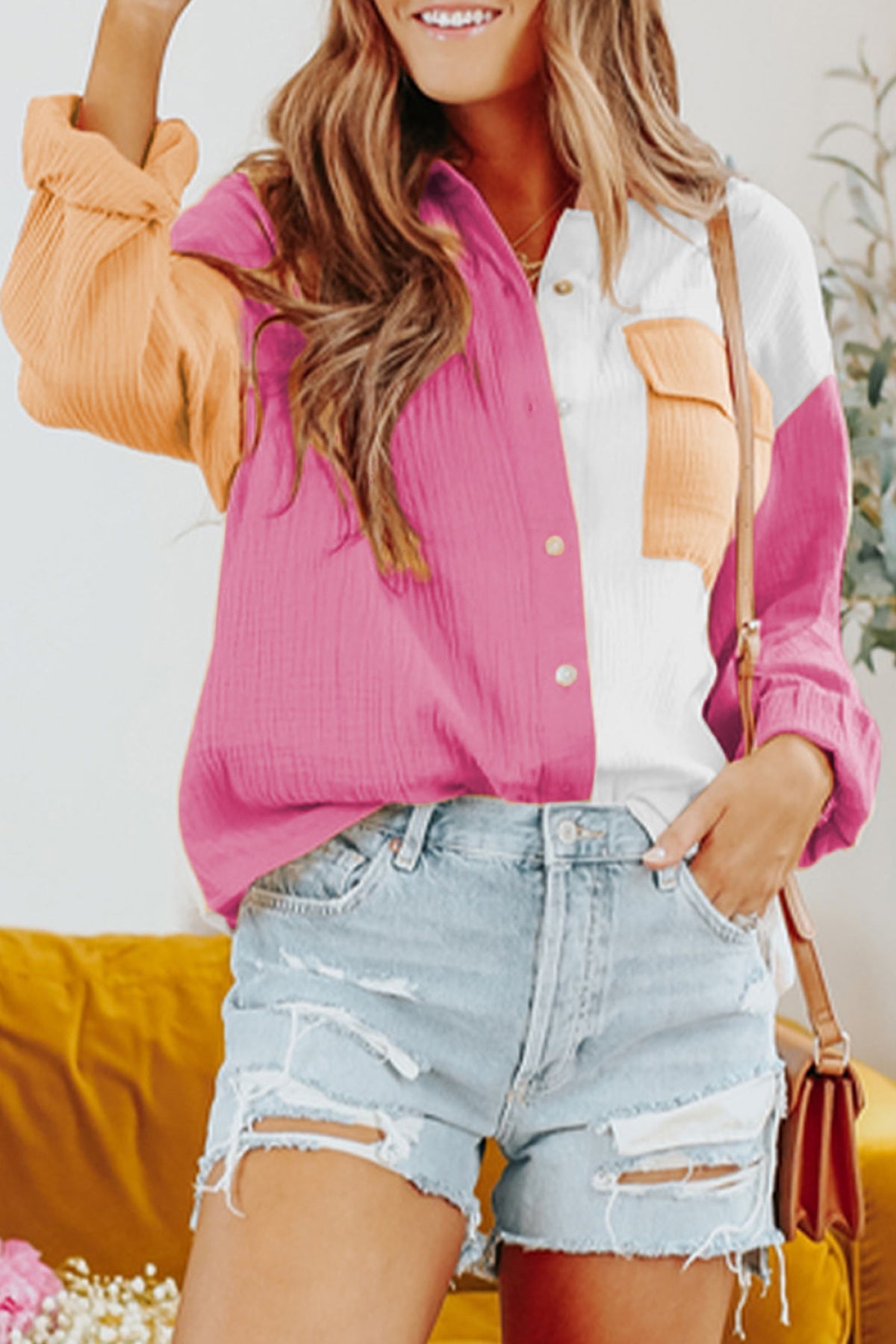 Color Block Textured Long Sleeve Shirt With Pocket