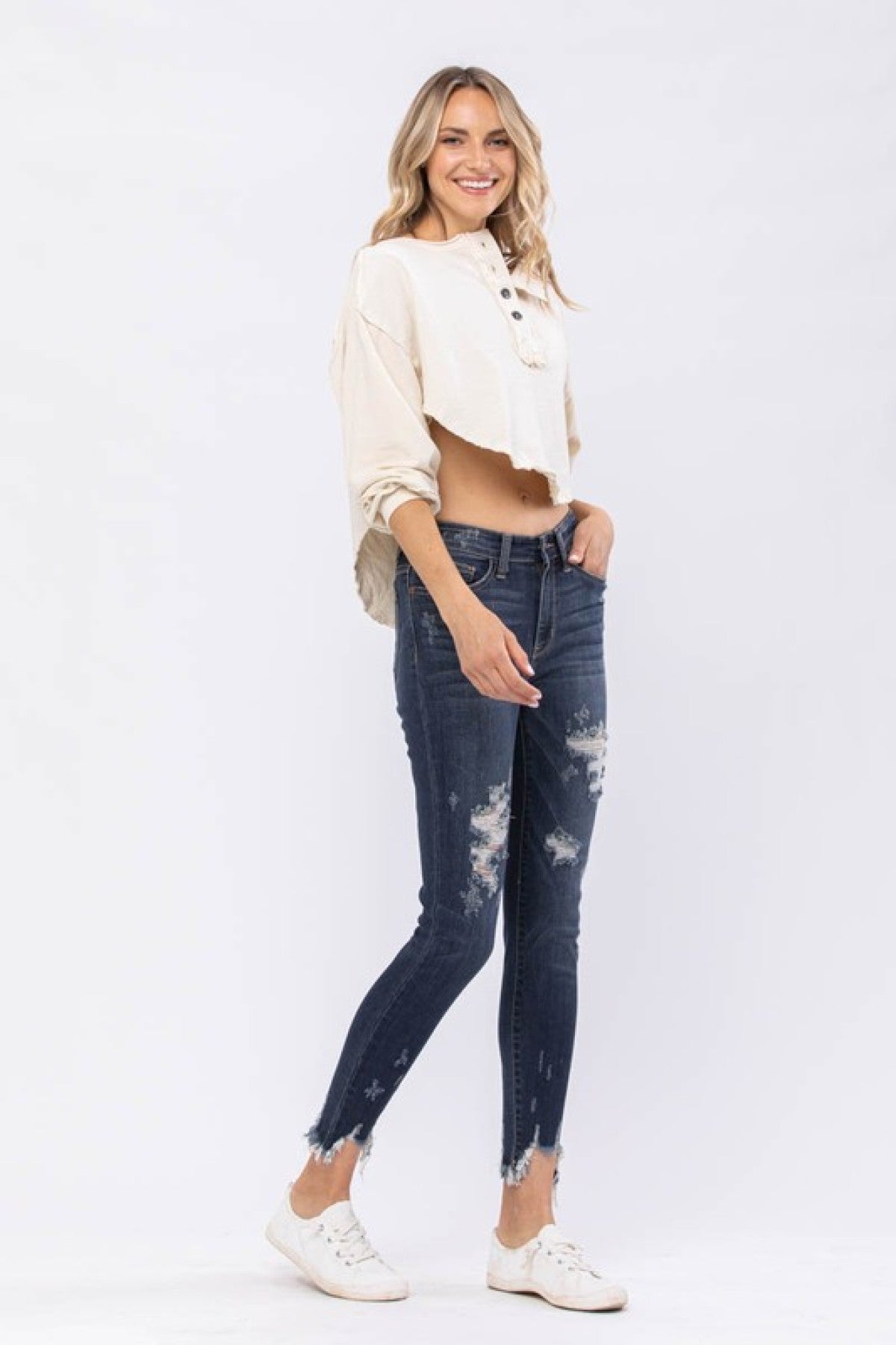 Judy Blue Mid-Rise Destroyed Hem Shark Bite Skinny Jeans