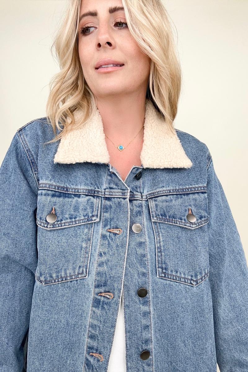 Cotton Bleu Oversized Washed Denim Jacket With Sherpa Collar