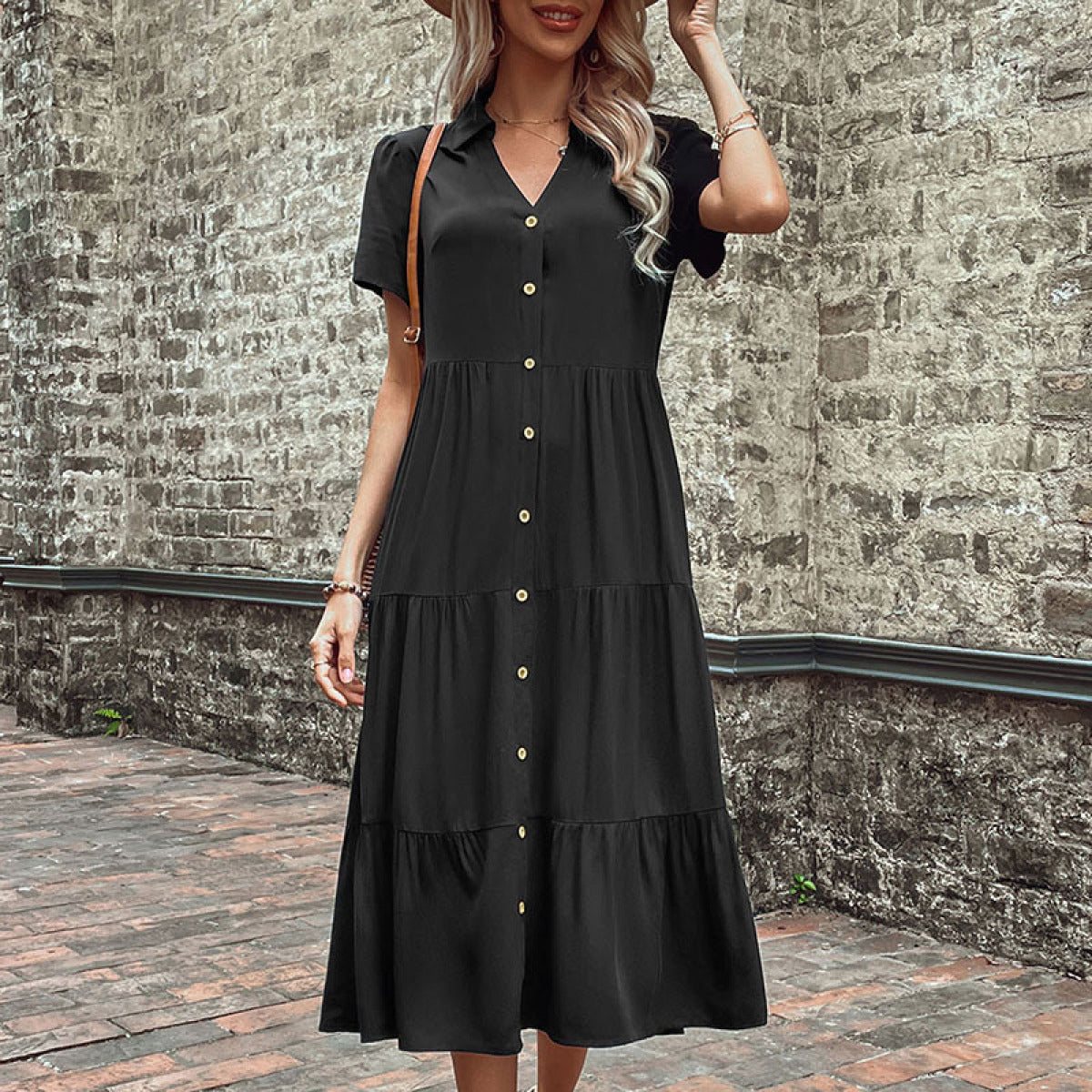 Notched Neck Single-Breasted Dress