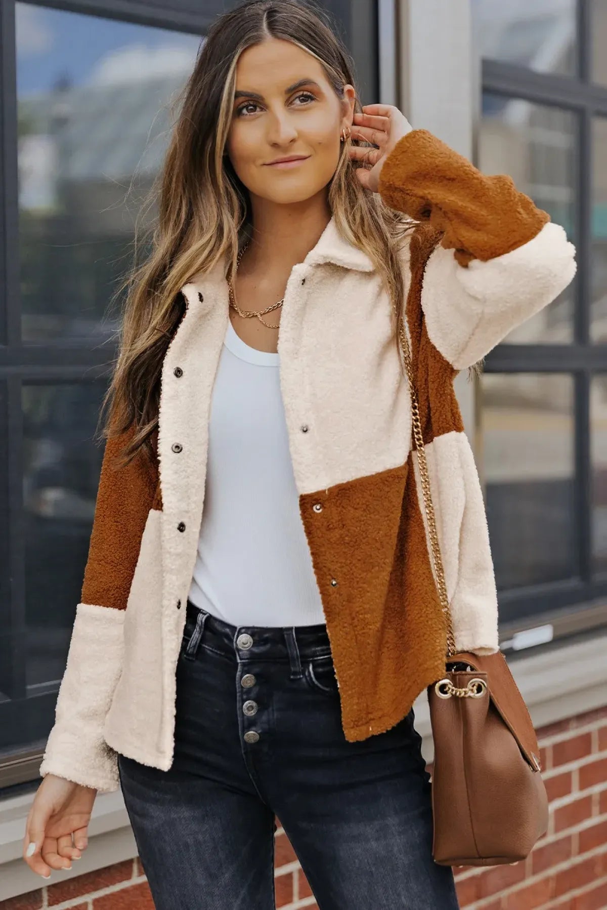 Colorblock Checkered Sherpa Jacket