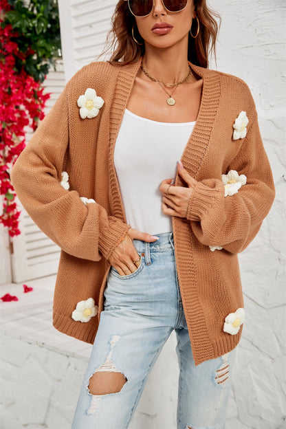 Flower Balloon Sleeve Cable Knit Cardigans