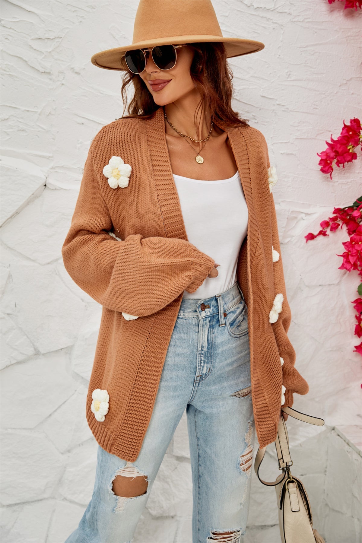 Flower Balloon Sleeve Cable Knit Cardigans