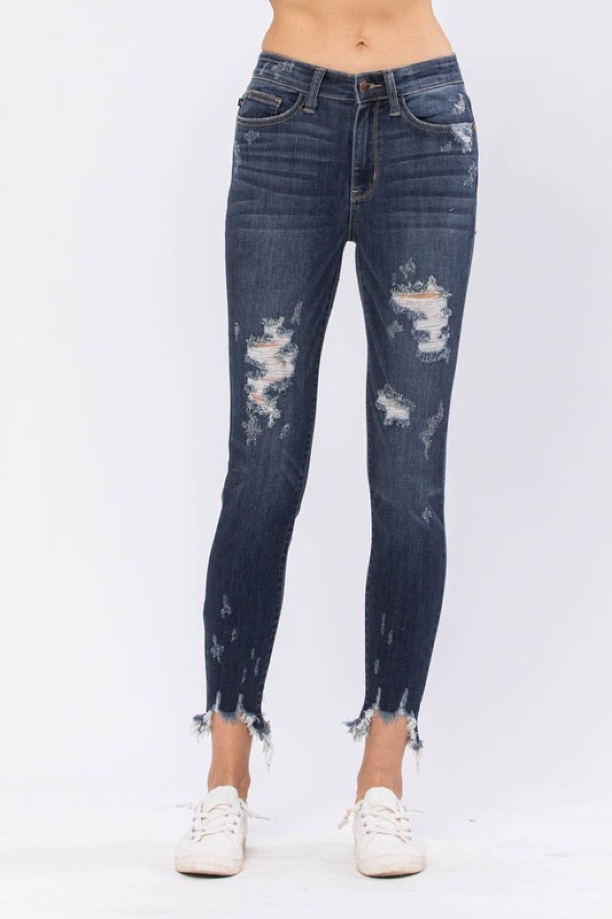 Judy Blue Mid-Rise Destroyed Hem Shark Bite Skinny Jeans