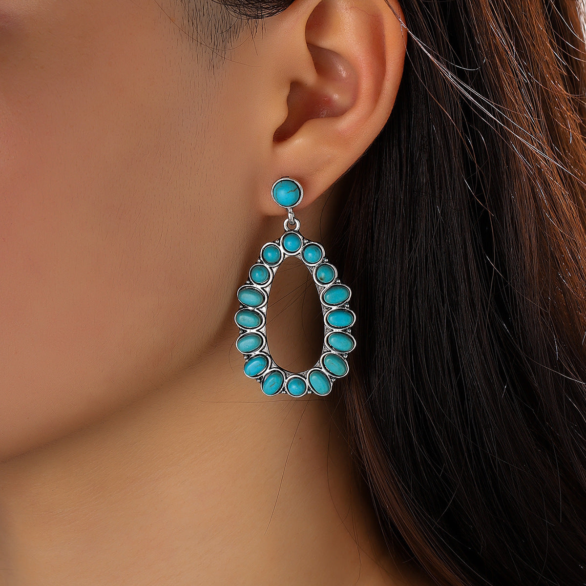 Retro Teardrop Hollow Inlaid Turquoise Drop Earring