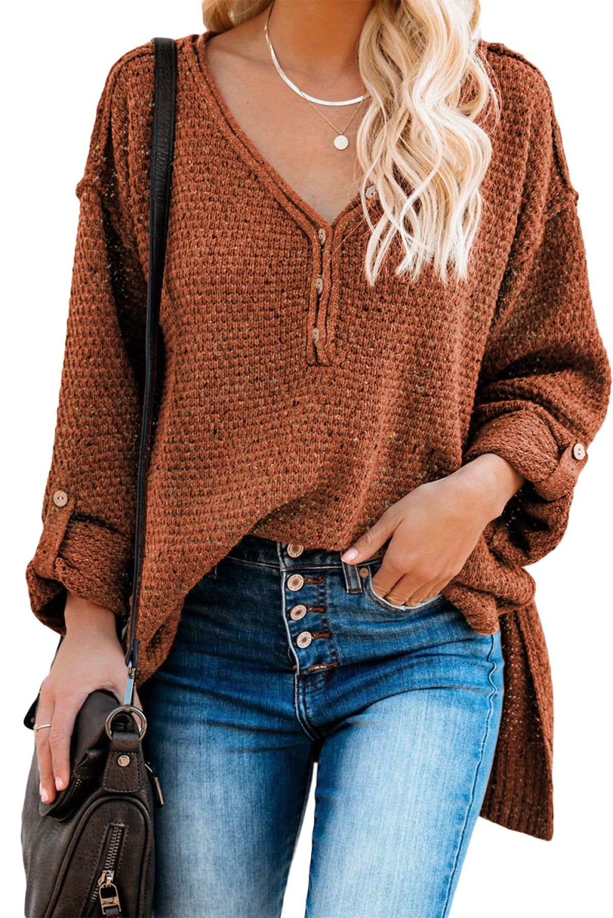 Buttoned Drop Shoulder Knitted Sweater