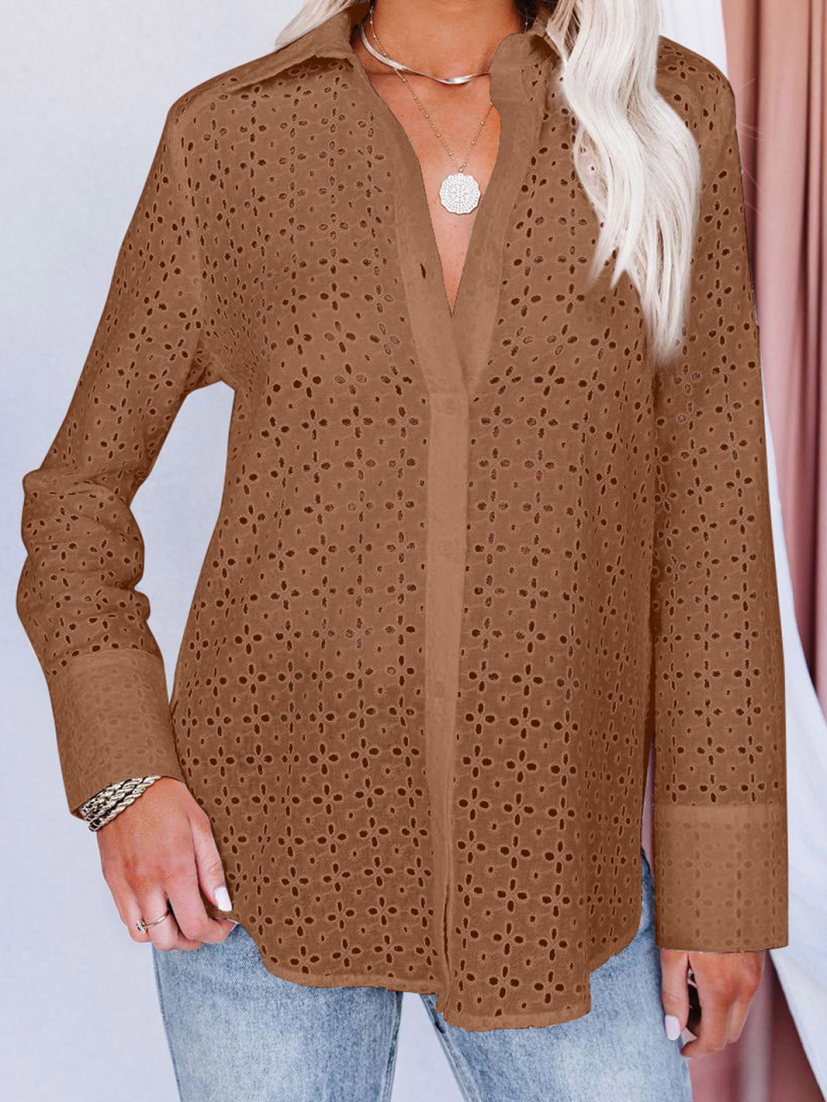 Long Sleeve Eyelet Floral Cut Out Shirt