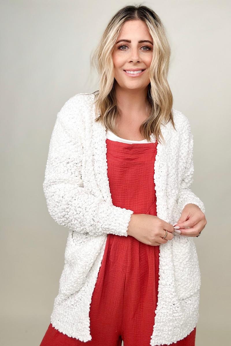 Zenana Long Sleeve Popcorn Sweater Cardigan with Pockets