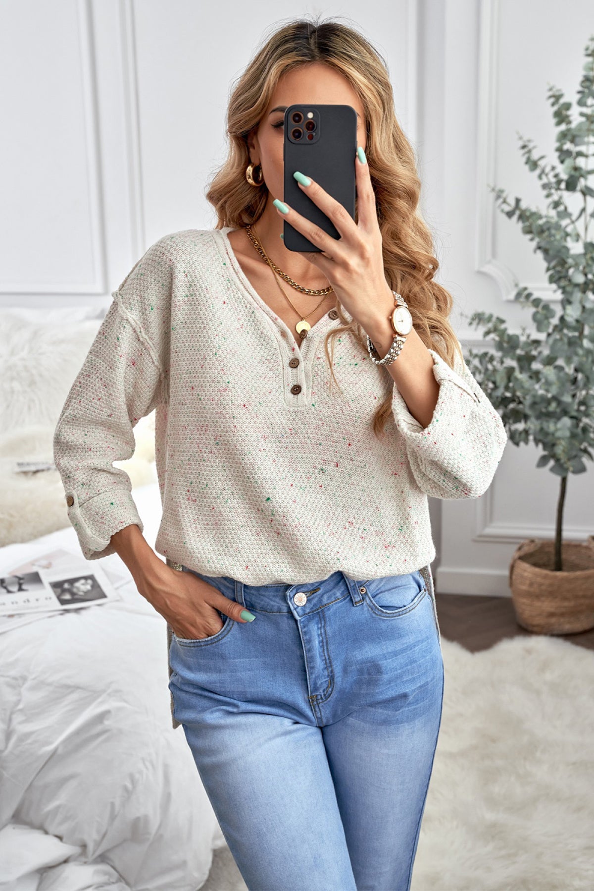 Buttoned Drop Shoulder Knitted Sweater