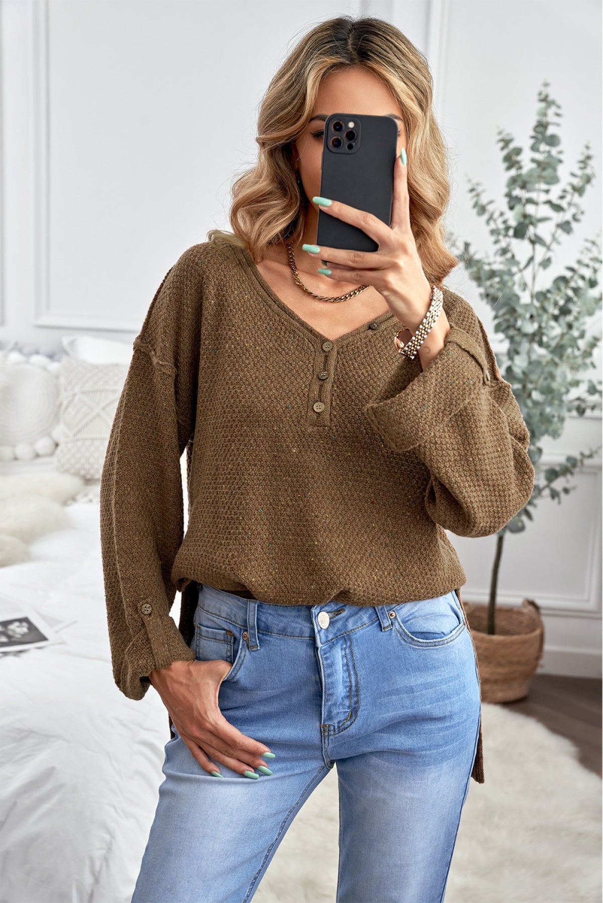 Buttoned Drop Shoulder Knitted Sweater