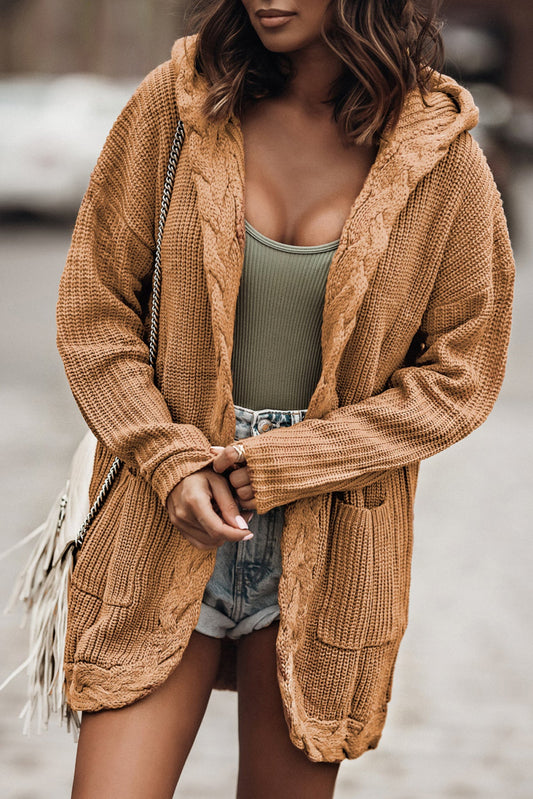 Solid Color Cable Knit Cardigan With Pockets