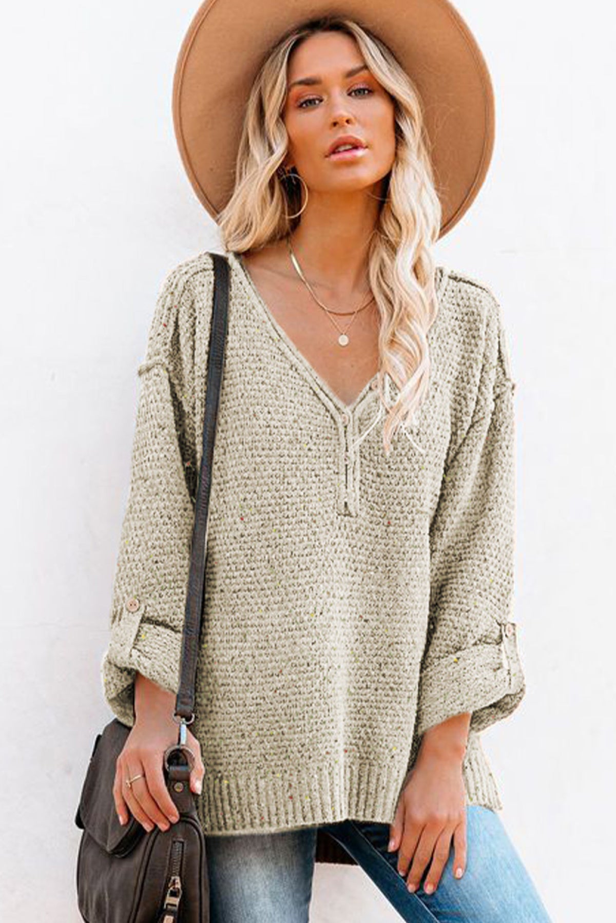 Buttoned Drop Shoulder Knitted Sweater