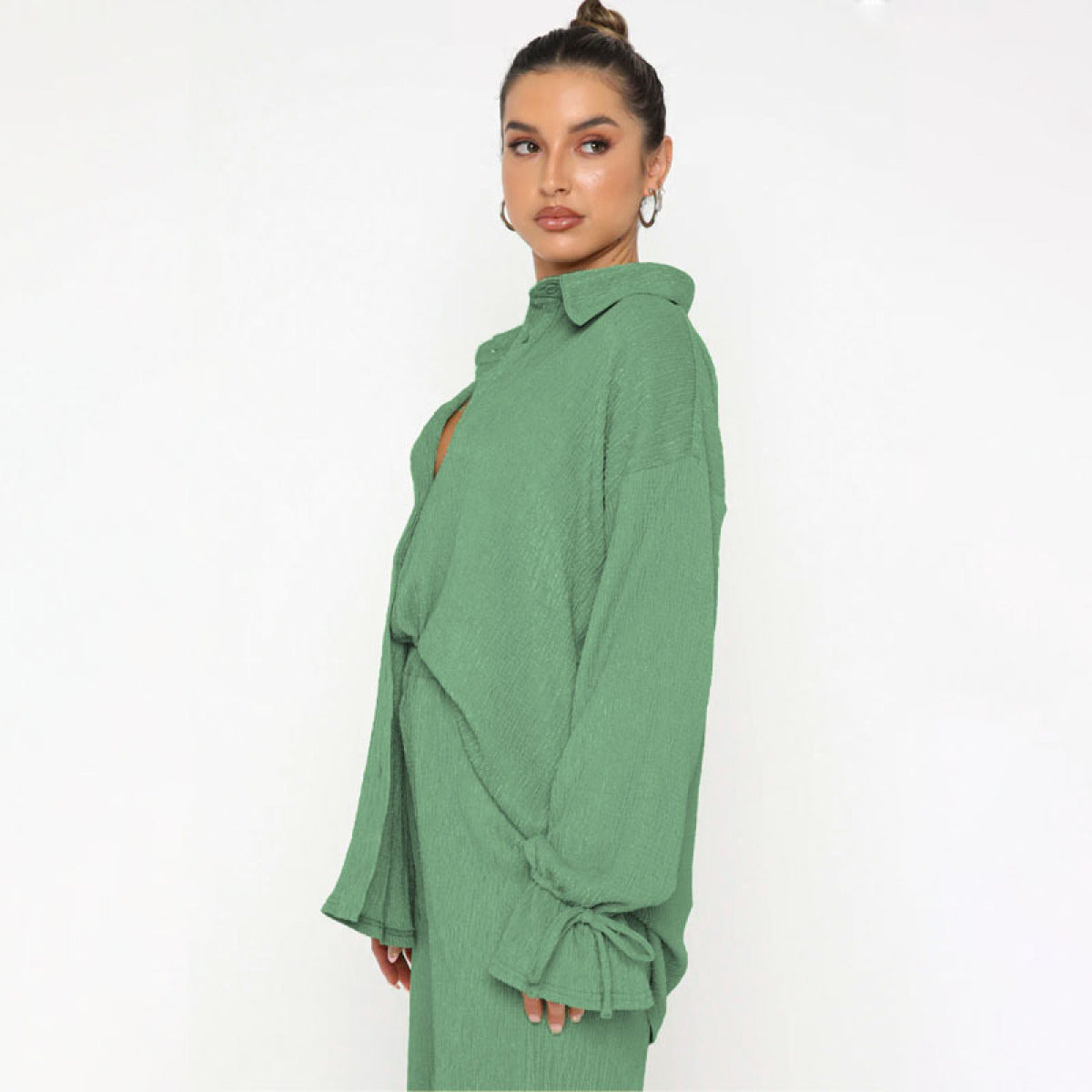 Single-Breasted Balloon Long-Sleeved Blouses & Slit Pants Sets