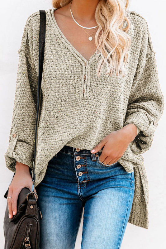 Buttoned Drop Shoulder Knitted Sweater