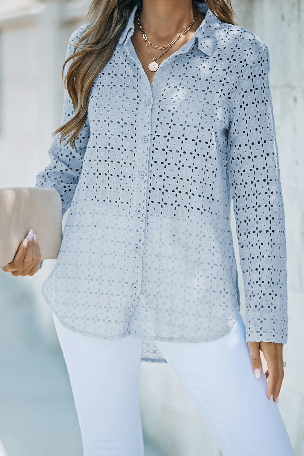 Long Sleeve Eyelet Floral Cut Out Shirt