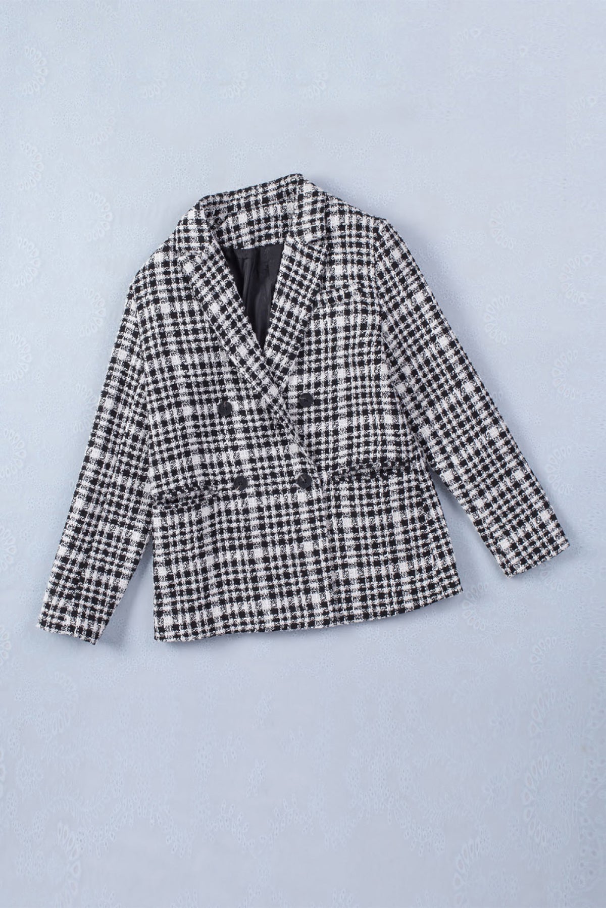 Black White Lapel Collar Buttoned Gingham Tweed Blazer