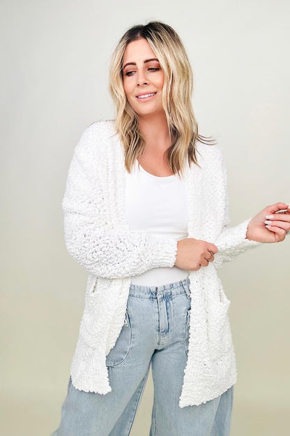 Zenana Long Sleeve Popcorn Sweater Cardigan with Pockets