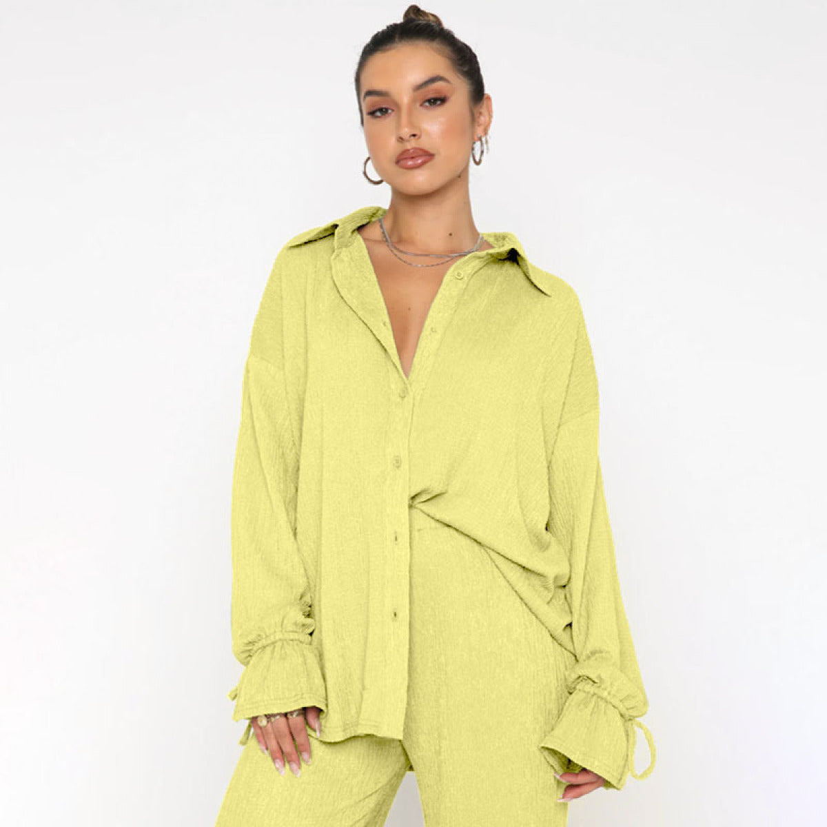 Single-Breasted Balloon Long-Sleeved Blouses & Slit Pants Sets