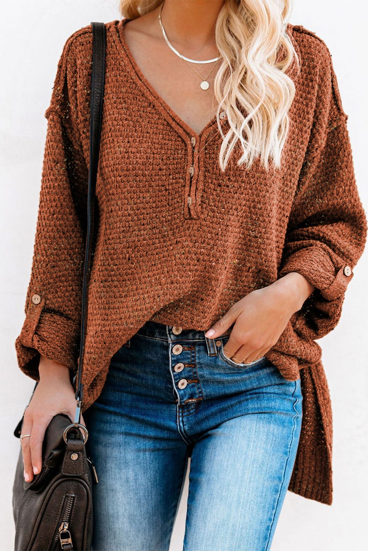 Buttoned Drop Shoulder Knitted Sweater