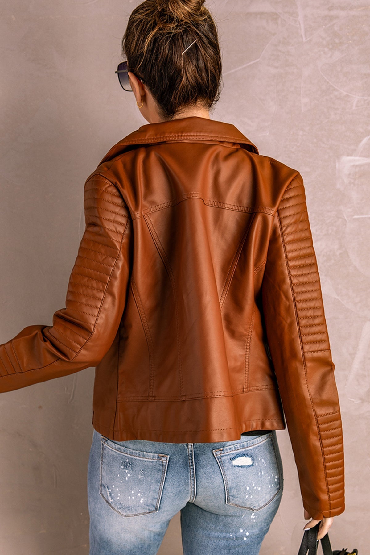 Brown Ribbed Seam Detail Faux Leather Zipped Motorcycle Jacket