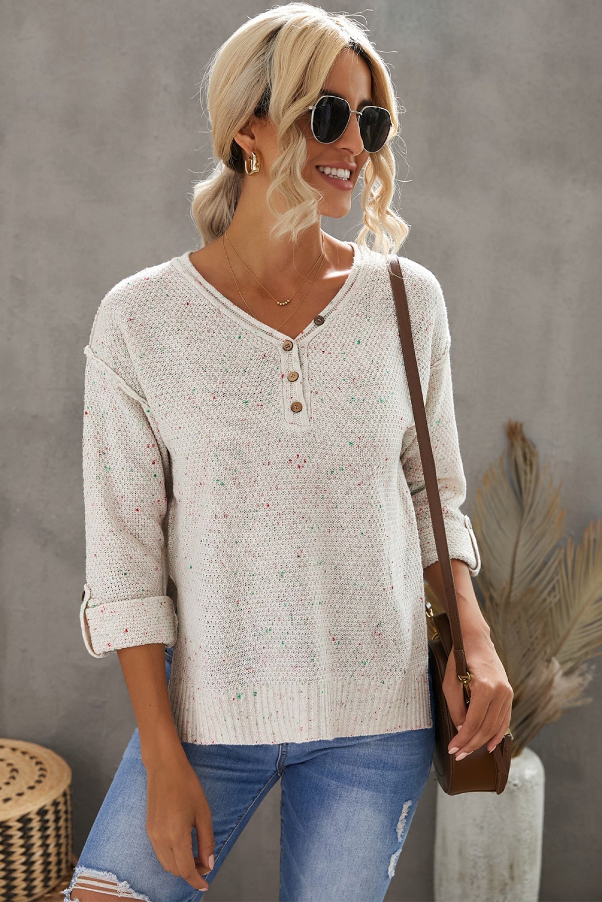 Buttoned Drop Shoulder Knitted Sweater