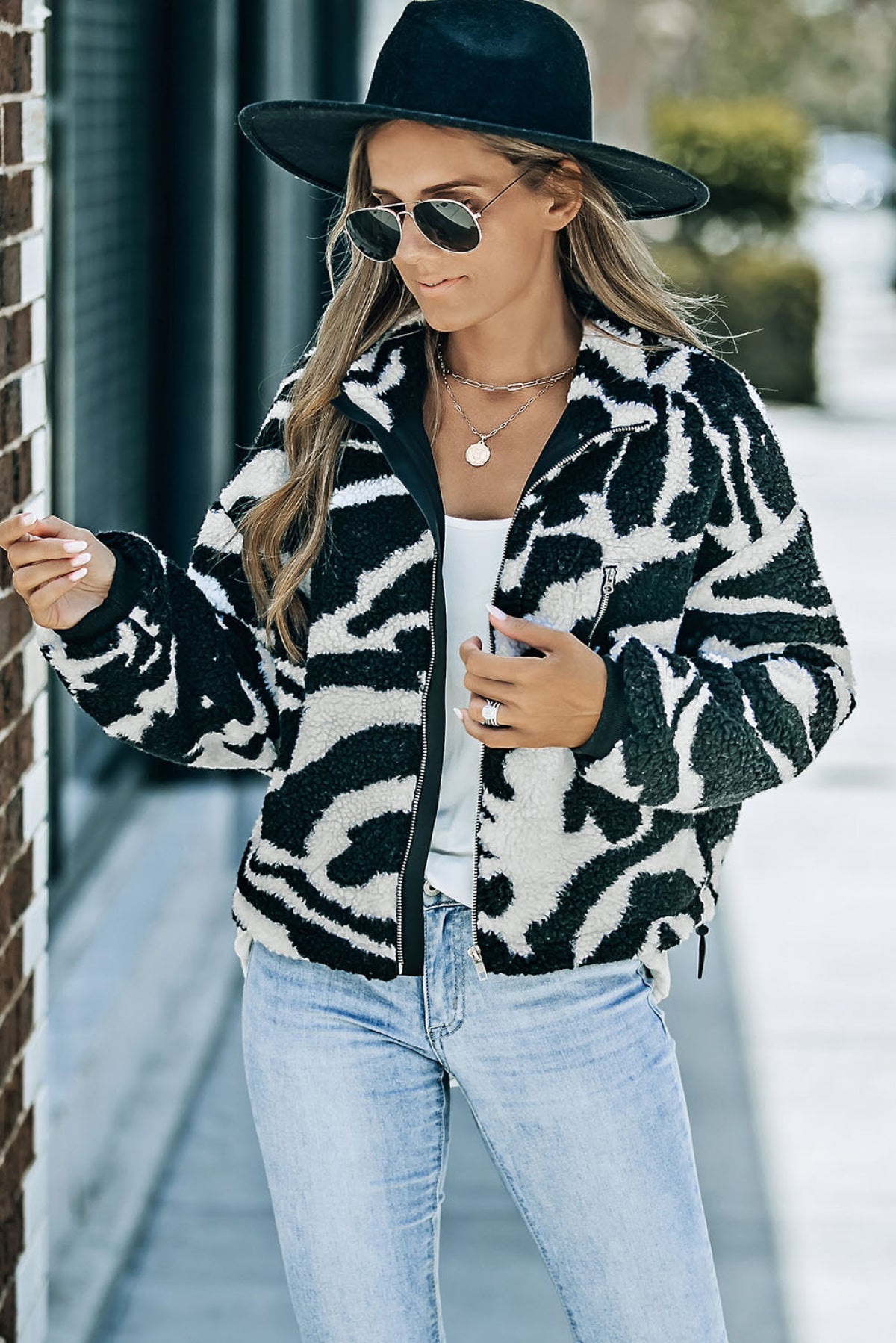 Black Zebra Teddy Zip-Up High Neck Jacket