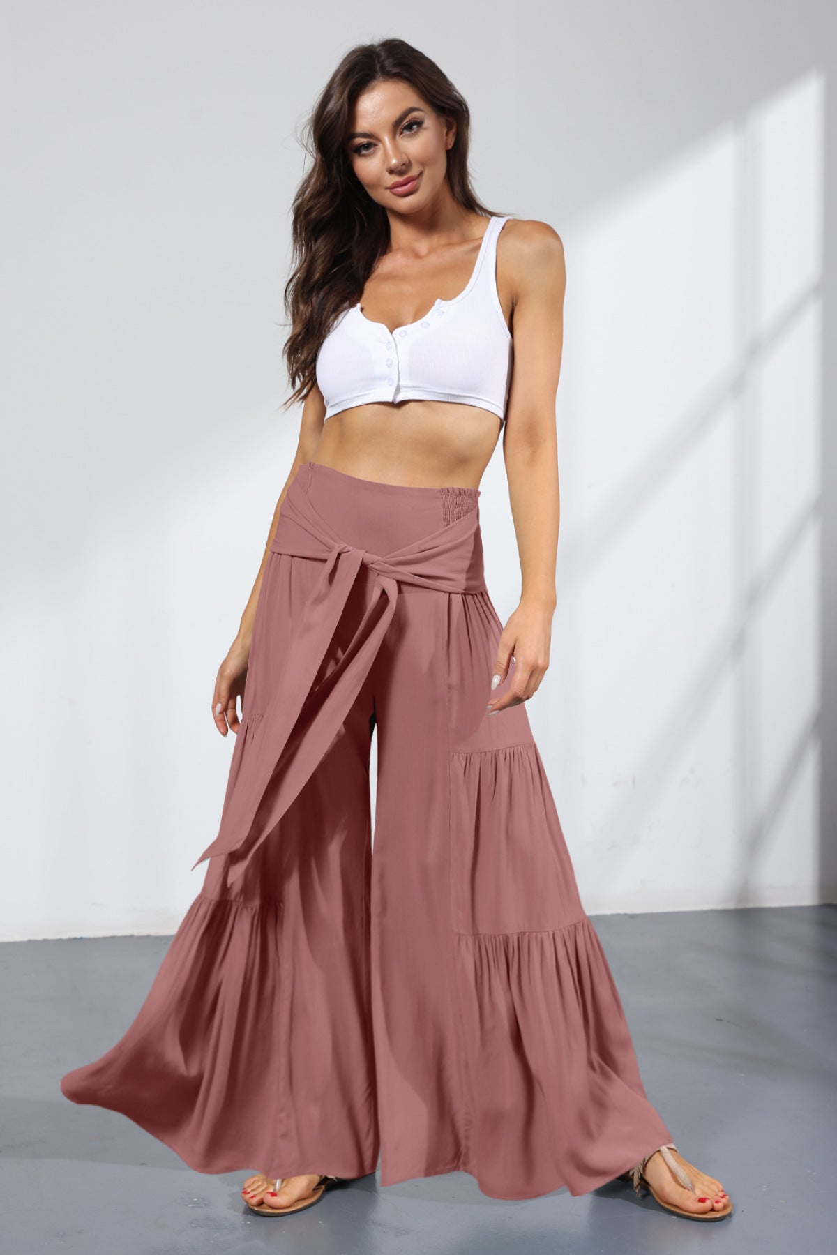 Solid Tie Waist Tiered Wide Flare Pants