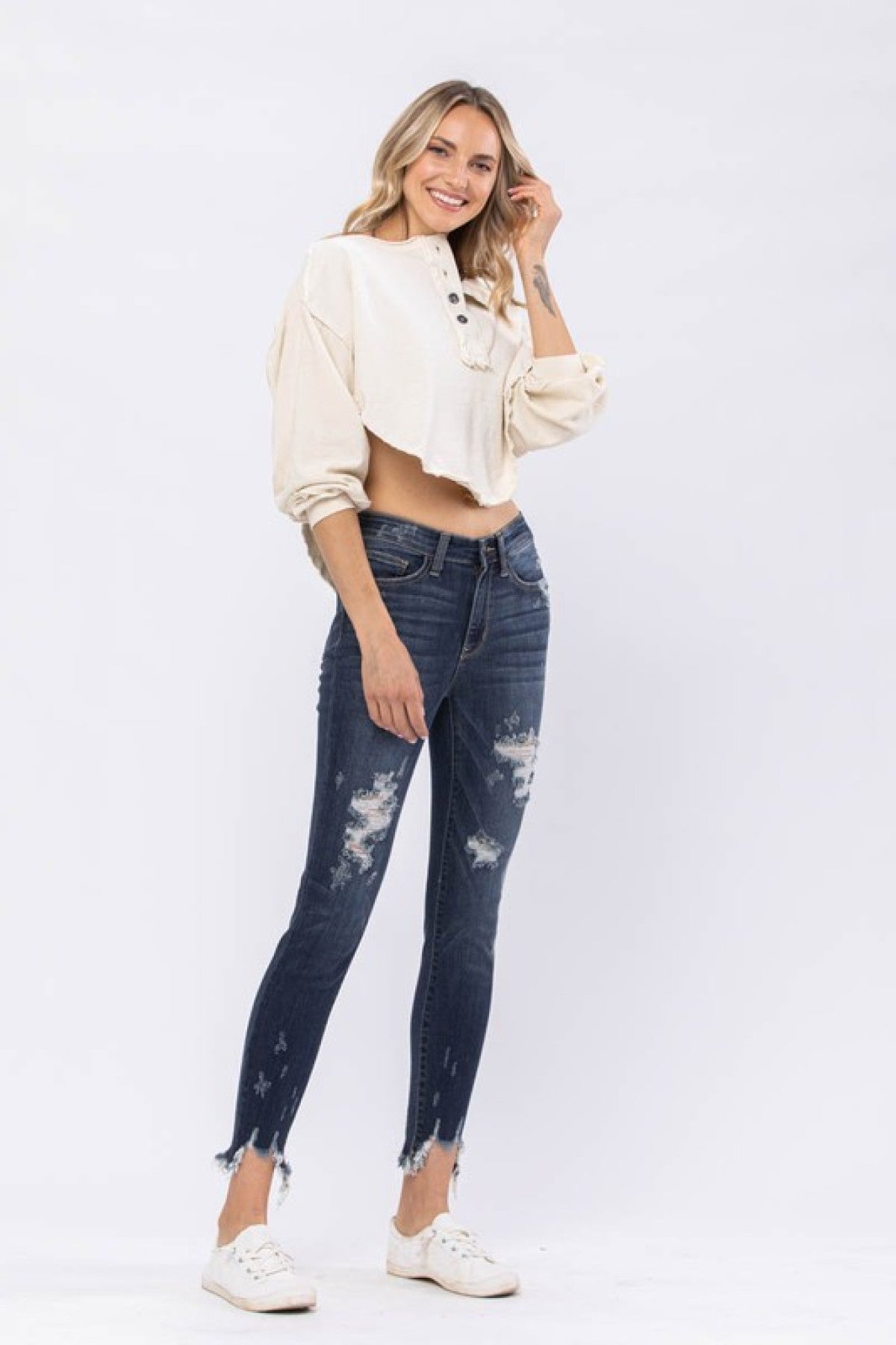 Judy Blue Mid-Rise Destroyed Hem Shark Bite Skinny Jeans