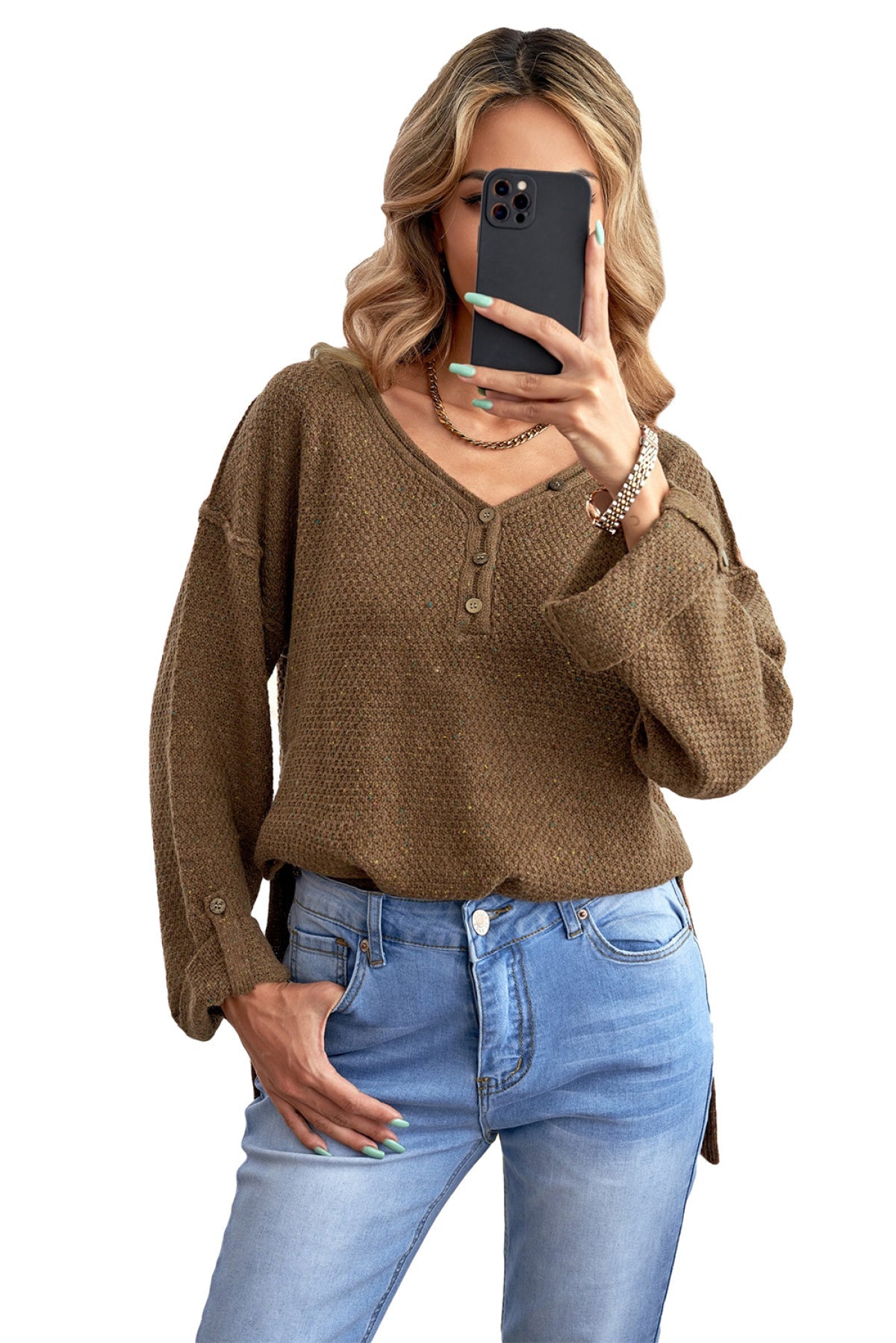 Buttoned Drop Shoulder Knitted Sweater