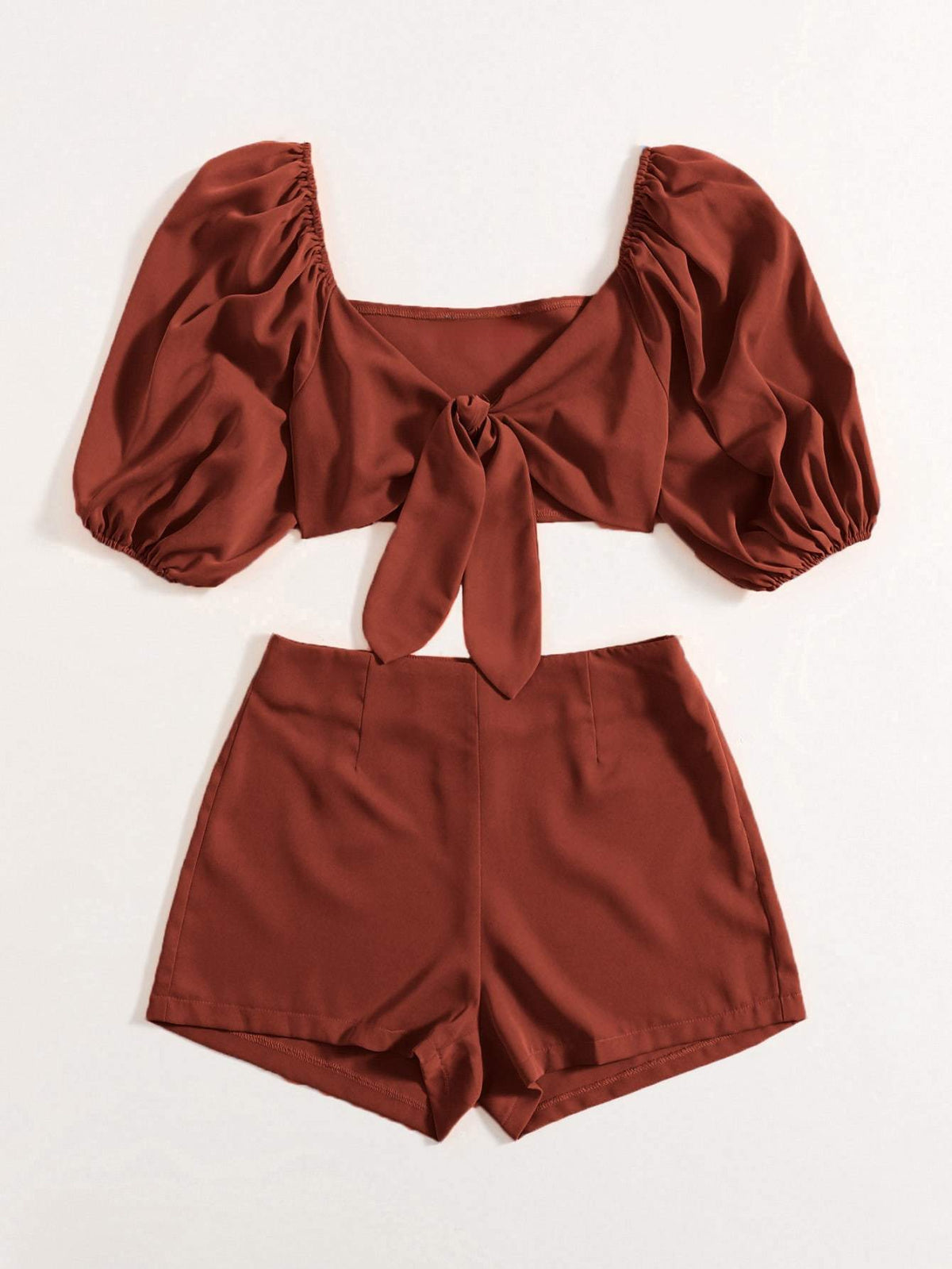 Solid Tie Front Crop Top & Shorts Set