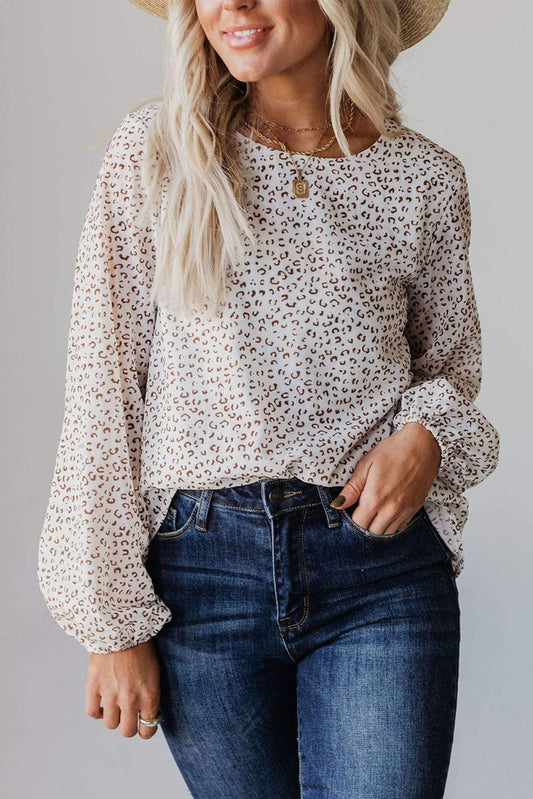 Leopard Round Neck Long Sleeve Blouse