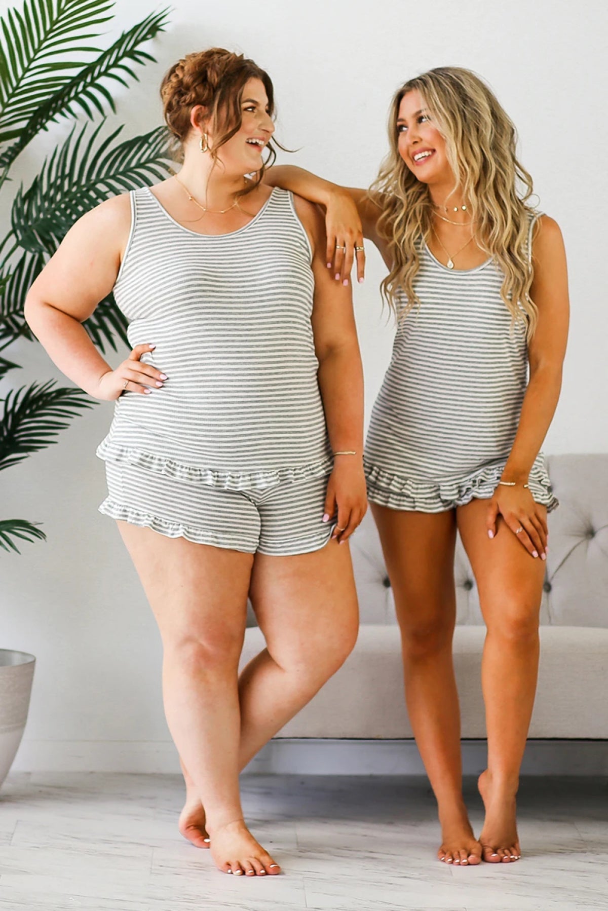 Gray Striped Ruffled Tank And Shorts Lounge Set