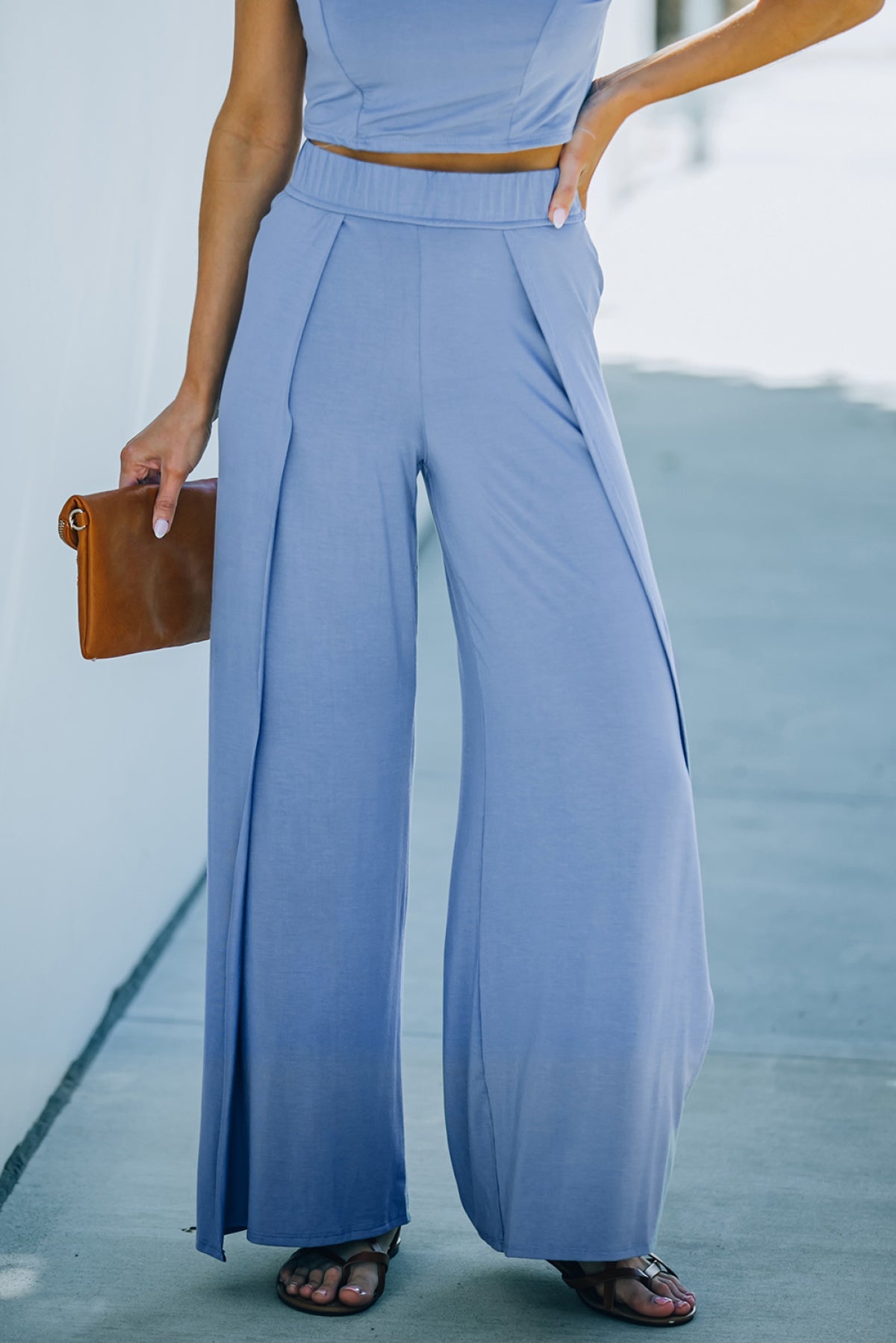 Sky Blue Knotted Backless Cami Top And Split High Waist Pants Set