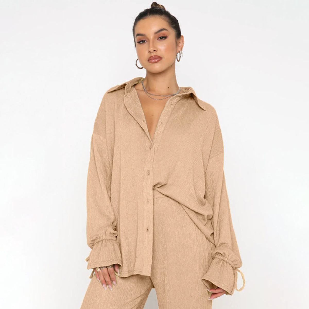 Single-Breasted Balloon Long-Sleeved Blouses & Slit Pants Sets